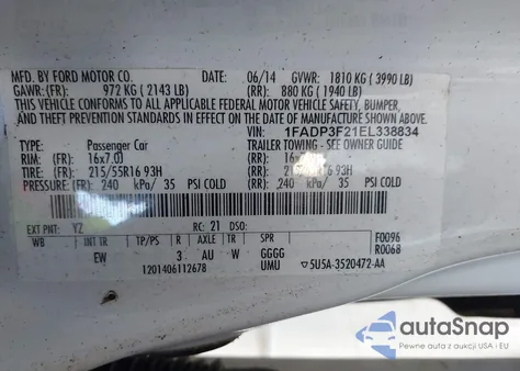 2014 Ford Focus Se z USA, uszkodzony, nr VIN 1FADP3F21EL338834